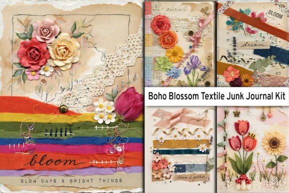 Download Boho Blossom Textile Junk Journal Kit - Junk journal Collection